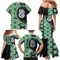 Green Taniko Motif Aotearoa Manaia and Silver Fern Family Matching Mermaid Dress and Hawaiian Shirt