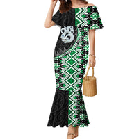 Green Taniko Motif Aotearoa Manaia and Silver Fern Family Matching Mermaid Dress and Hawaiian Shirt