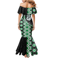 Green Taniko Motif Aotearoa Manaia and Silver Fern Family Matching Mermaid Dress and Hawaiian Shirt