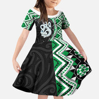 Green Taniko Motif Aotearoa Manaia and Silver Fern Family Matching Puletasi and Hawaiian Shirt