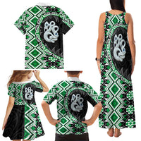 Green Taniko Motif Aotearoa Manaia and Silver Fern Family Matching Tank Maxi Dress and Hawaiian Shirt