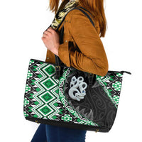 Green Taniko Motif Aotearoa Manaia and Silver Fern Leather Tote Bag