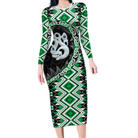 Green Taniko Motif Aotearoa Manaia and Silver Fern Long Sleeve Bodycon Dress