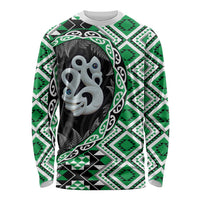 Green Taniko Motif Aotearoa Manaia and Silver Fern Long Sleeve Shirt LT03 Unisex Green - Polynesian Pride