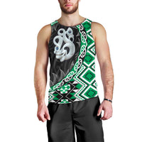 Green Taniko Motif Aotearoa Manaia and Silver Fern Men Tank Top LT03 - Polynesian Pride