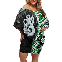 Green Taniko Motif Aotearoa Manaia and Silver Fern Off Shoulder Short Dress LT03 Women Green - Polynesian Pride