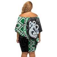 Green Taniko Motif Aotearoa Manaia and Silver Fern Off Shoulder Short Dress LT03 - Polynesian Pride