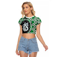 Green Taniko Motif Aotearoa Manaia and Silver Fern Raglan Cropped T Shirt LT03 Female Green - Polynesian Pride