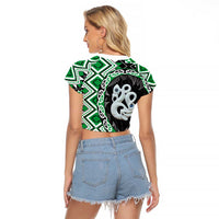 Green Taniko Motif Aotearoa Manaia and Silver Fern Raglan Cropped T Shirt LT03 - Polynesian Pride