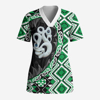 Green Taniko Motif Aotearoa Manaia and Silver Fern Scrub Top LT03 Adult Green - Polynesian Pride
