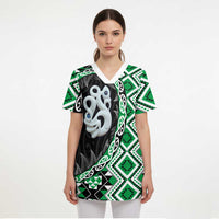 Green Taniko Motif Aotearoa Manaia and Silver Fern Scrub Top LT03 - Polynesian Pride