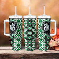 Green Taniko Motif Aotearoa Manaia and Silver Fern Tumbler With Handle LT03 - Polynesian Pride