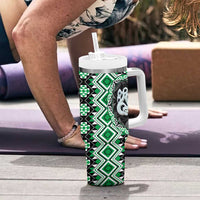 Green Taniko Motif Aotearoa Manaia and Silver Fern Tumbler With Handle LT03 - Polynesian Pride