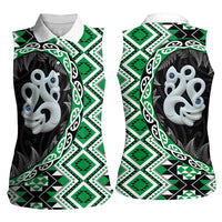 Green Taniko Motif Aotearoa Manaia and Silver Fern Women Sleeveless Polo Shirt