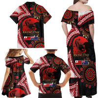 Tonga and Australia ANZAC Day Family Matching Off Shoulder Maxi Dress and Hawaiian Shirt Aboriginal and Ngatu Art Pattern - Gallipoli Lest We Forget