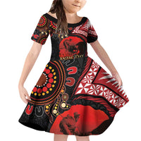Tonga and Australia ANZAC Day Family Matching Off Shoulder Short Dress and Hawaiian Shirt Aboriginal and Ngatu Art Pattern - Gallipoli Lest We Forget
