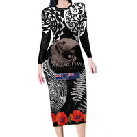 New Zealand and Cook Islands ANZAC Day Long Sleeve Bodycon Dress Gallipoli Lest We Forget Tatau Art Tribal and Maori Tattoo with Fern