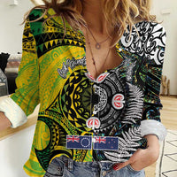 New Zealand and Cook Islands Together Women Casual Shirt Tatau Art Tribal Pattern-Maori Tattoo with Fern and Paua Shell