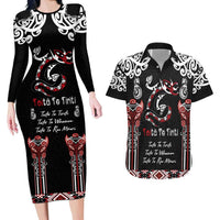 Aotearoa Toitu Te Tiriti-Maori Taniwha Couples Matching Long Sleeve Bodycon Dress and Hawaiian Shirt Toitu Te Whenua Toitu Te Reo Maori