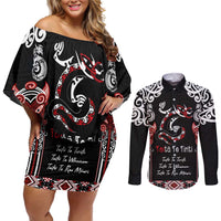 Aotearoa Toitu Te Tiriti-Maori Taniwha Couples Matching Off Shoulder Short Dress and Long Sleeve Button Shirt Toitu Te Whenua Toitu Te Reo Maori