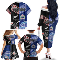 Personalised Aotearoa and Samoa Together Family Matching Off The Shoulder Long Sleeve Dress and Hawaiian Shirt Tatau Art Tattoos-Taniko and Tukutuku with Maori Pattern