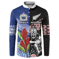 Custom Aotearoa and Samoa Rugby Button Sweatshirt Maori Warrior and Teuila Emblem-Tatau with Taniko Art