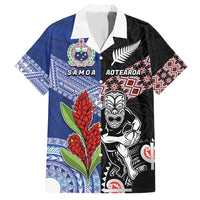 Custom Aotearoa and Samoa Rugby Hawaiian Shirt Maori Warrior and Teuila Emblem-Tatau with Taniko Art
