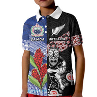 Custom Aotearoa and Samoa Rugby Kid Polo Shirt Maori Warrior and Teuila Emblem-Tatau with Taniko Art