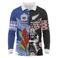 Custom Aotearoa and Samoa Rugby Long Sleeve Polo Shirt Maori Warrior and Teuila Emblem-Tatau with Taniko Art