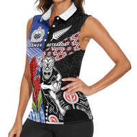 Custom Aotearoa and Samoa Rugby Women Sleeveless Polo Shirt Maori Warrior and Teuila Emblem-Tatau with Taniko Art