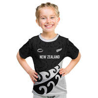 Custom NZ Rugby Kid T Shirt Koru and Silver Fern Sporty Style LT03 Black - Polynesian Pride
