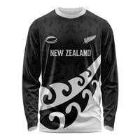 Custom NZ Rugby Long Sleeve Shirt Koru and Silver Fern Sporty Style LT03 Unisex Black - Polynesian Pride
