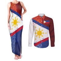Philippines National Flag Day Couples Matching Tank Maxi Dress and Long Sleeve Button Shirt Polynesian and Yakan Tattoo Brush Style