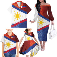 Philippines National Flag Day Family Matching Off The Shoulder Long Sleeve Dress and Hawaiian Shirt Polynesian and Yakan Tattoo Brush Style