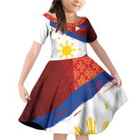 Philippines National Flag Day Family Matching Off Shoulder Short Dress and Hawaiian Shirt Polynesian and Yakan Tattoo Brush Style