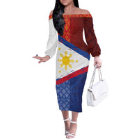 Philippines National Flag Day Off The Shoulder Long Sleeve Dress Polynesian and Yakan Tattoo Brush Style