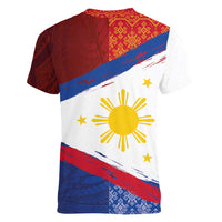 Philippines National Flag Day Women V-Neck T-Shirt Polynesian and Yakan Tattoo Brush Style