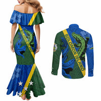 Solomon Island Crocodile and Shark Couples Matching Mermaid Dress and Long Sleeve Button Shirt Polynesian Pattern LT03 - Polynesian Pride