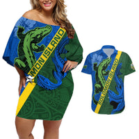 Solomon Island Crocodile and Shark Couples Matching Off Shoulder Short Dress and Hawaiian Shirt Polynesian Pattern LT03 Blue - Polynesian Pride