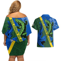 Solomon Island Crocodile and Shark Couples Matching Off Shoulder Short Dress and Hawaiian Shirt Polynesian Pattern LT03 - Polynesian Pride