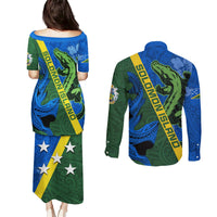 Solomon Island Crocodile and Shark Couples Matching Puletasi and Long Sleeve Button Shirt Polynesian Pattern LT03 - Polynesian Pride
