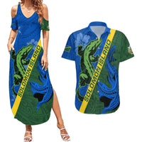 Solomon Island Crocodile and Shark Couples Matching Summer Maxi Dress and Hawaiian Shirt Polynesian Pattern LT03 Blue - Polynesian Pride