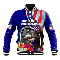 Personalised American Samoa and United States Baseball Jacket Bald Eagle and Seal Hibiscus Polynesian Pattern LT03 Unisex Blue - Polynesian Pride