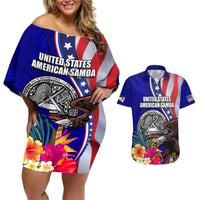 Personalised American Samoa and United States Couples Matching Off Shoulder Short Dress and Hawaiian Shirt Bald Eagle and Seal Hibiscus Polynesian Pattern LT03 Blue - Polynesian Pride