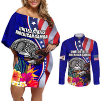 Personalised American Samoa and United States Couples Matching Off Shoulder Short Dress and Long Sleeve Button Shirt Bald Eagle and Seal Hibiscus Polynesian Pattern LT03 Blue - Polynesian Pride