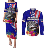 Personalised American Samoa and United States Couples Matching Puletasi and Long Sleeve Button Shirt Bald Eagle and Seal Hibiscus Polynesian Pattern LT03 Blue - Polynesian Pride