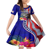 Personalised American Samoa and United States Kid Short Sleeve Dress Bald Eagle and Seal Hibiscus Polynesian Pattern LT03 KID Blue - Polynesian Pride
