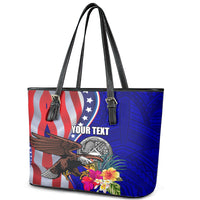 Personalised American Samoa and United States Leather Tote Bag Bald Eagle and Seal Hibiscus Polynesian Pattern LT03 - Polynesian Pride