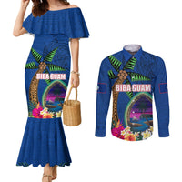 Guam Liberation Day 80th Anniversary Couples Matching Mermaid Dress and Long Sleeve Button Shirt Palm Tree and Seal Artwork Hibiscus Polynesian Pattern LT03 Blue - Polynesian Pride