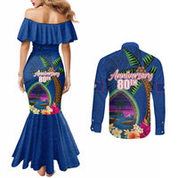 Guam Liberation Day 80th Anniversary Couples Matching Mermaid Dress and Long Sleeve Button Shirt Palm Tree and Seal Artwork Hibiscus Polynesian Pattern LT03 - Polynesian Pride